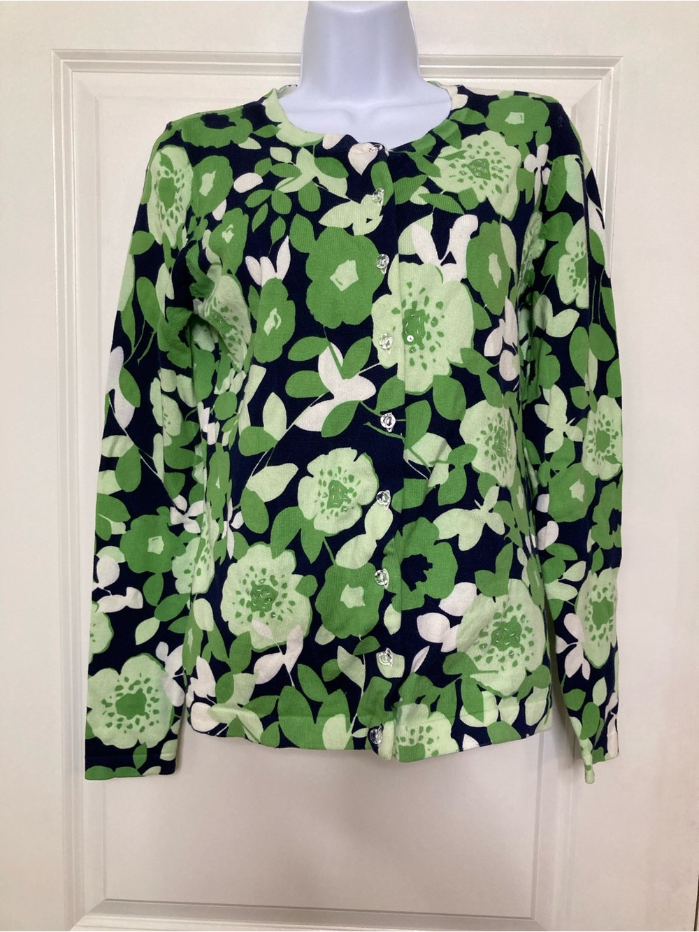 Charter Club Green Garden Flower Leaf Cardigan Cotton Blend Size M Cottagecore
